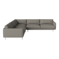 Gray sectional sofa with a smooth fabric texture and minimalist design, featuring clean lines and sleek metal legs.
