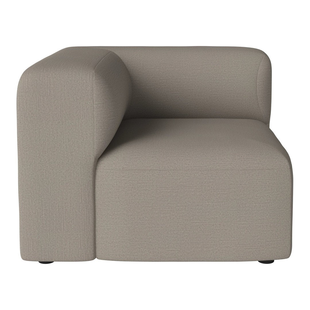 Modern light grey upholstered corner sofa with smooth texture and minimalist design.