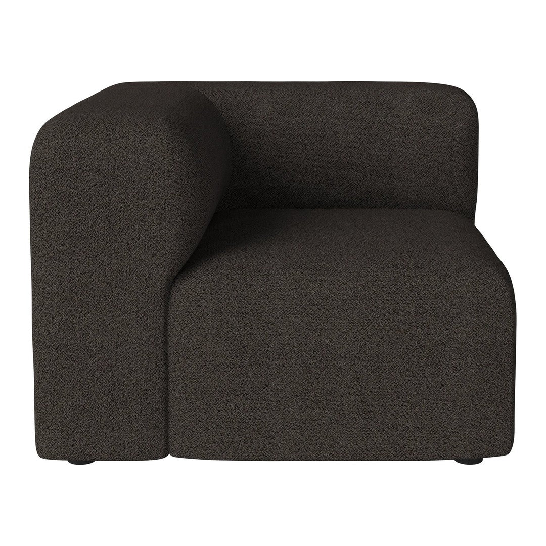 Dark brown sectional sofa with a textured, speckled pattern, featuring a unique curved arm design.