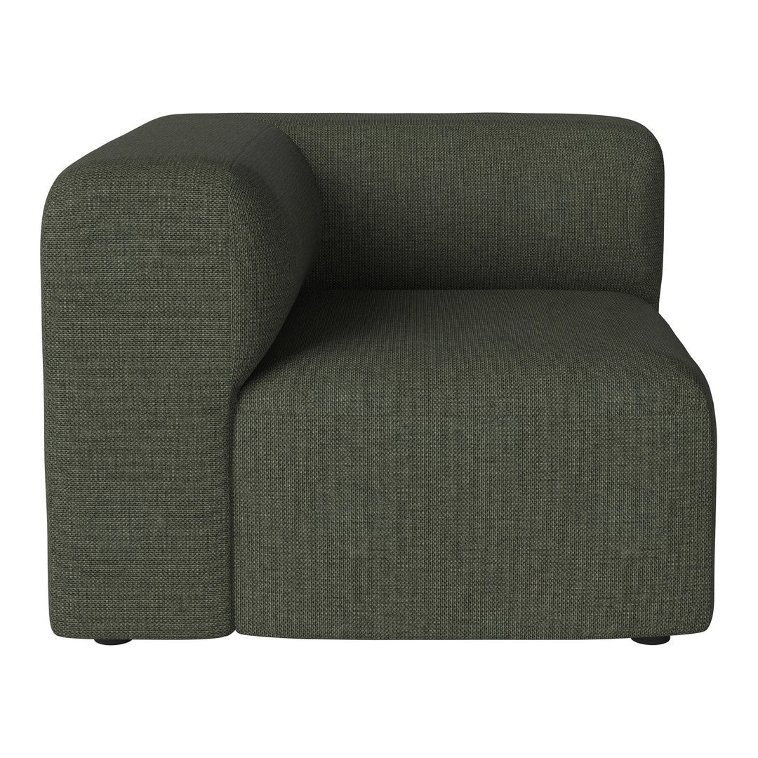 Textured dark green upholstered armchair with a modern, minimalist design. Perfect for contemporary living spaces.