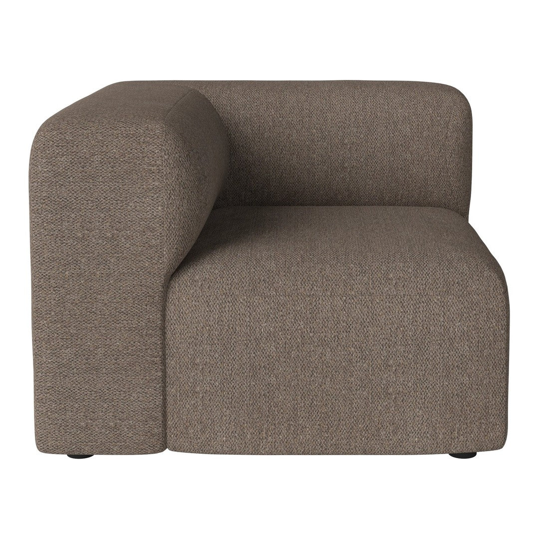 Brown textured corner sofa with a modern, minimalist design. Soft fabric and curved edges enhance comfort.
