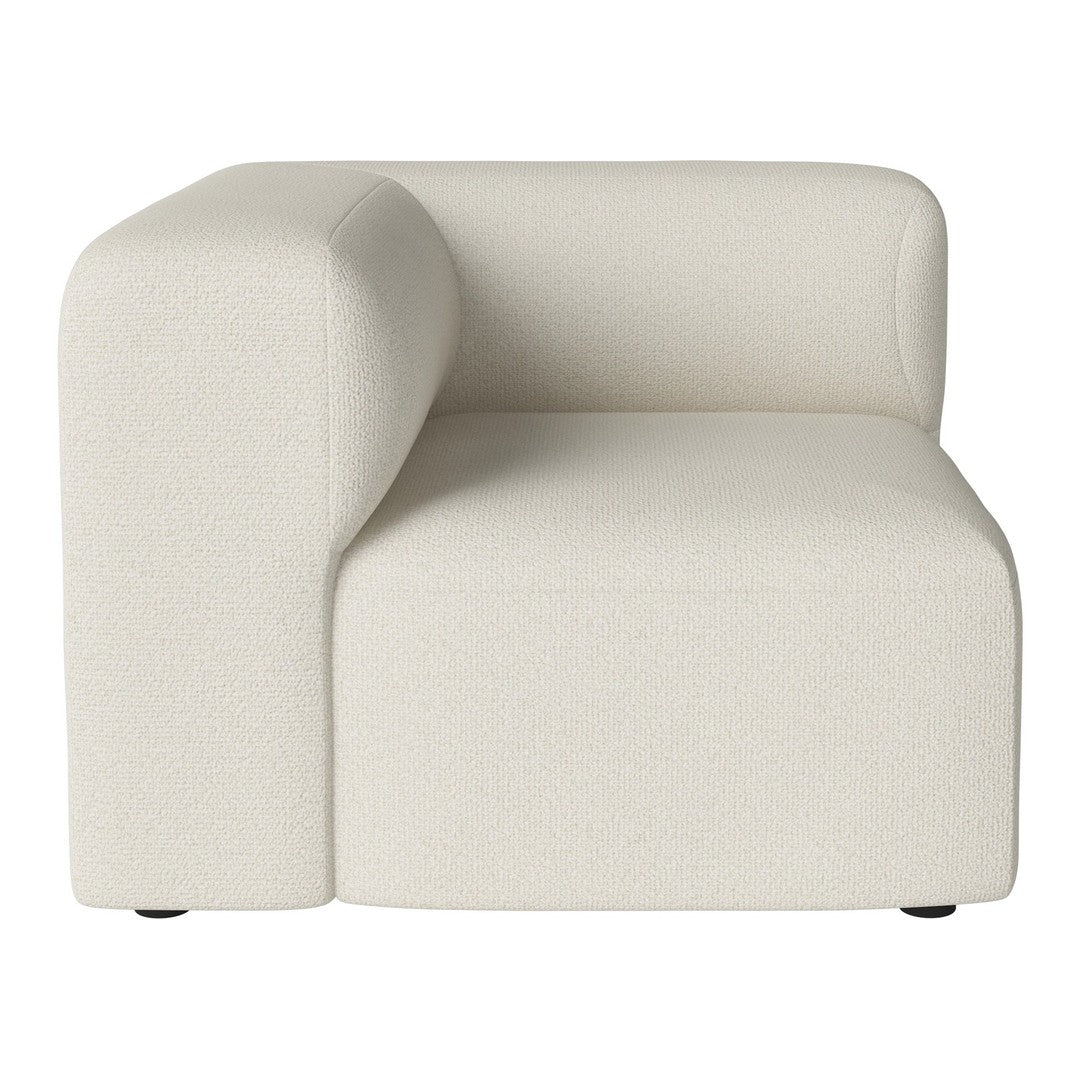 Cream-colored, minimalist corner chair with a textured fabric finish and clean, modern lines. Ideal for contemporary decor.