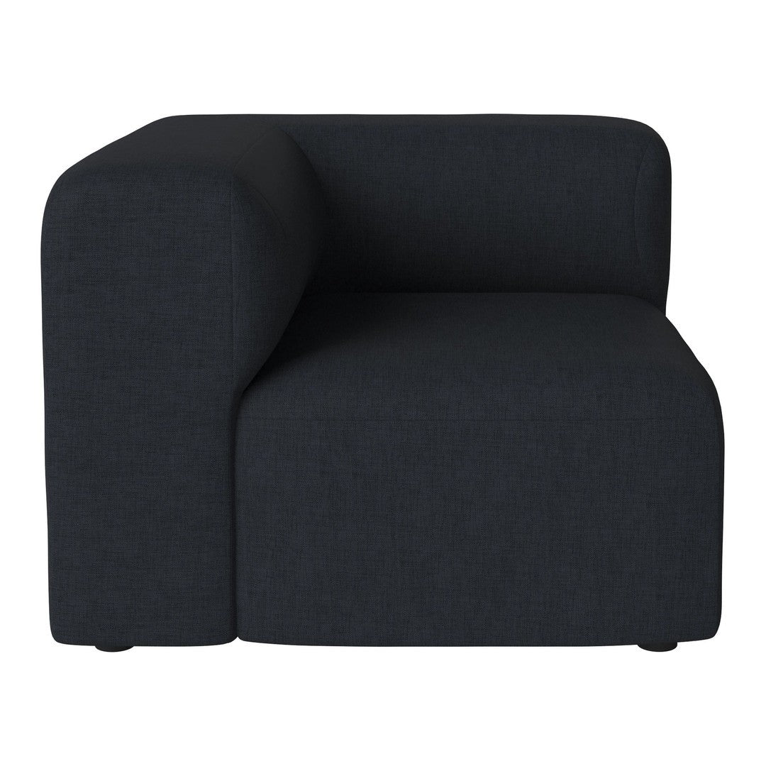 Black upholstered corner chair with a smooth, modern design and minimalist style. Perfect for contemporary interiors.