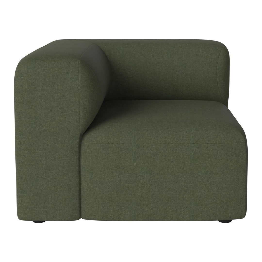 "Olive green, textured fabric corner chair with a modern, minimalist design."