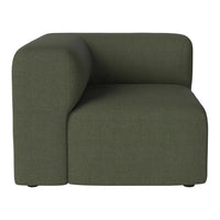 "Olive green, textured fabric corner chair with a modern, minimalist design."