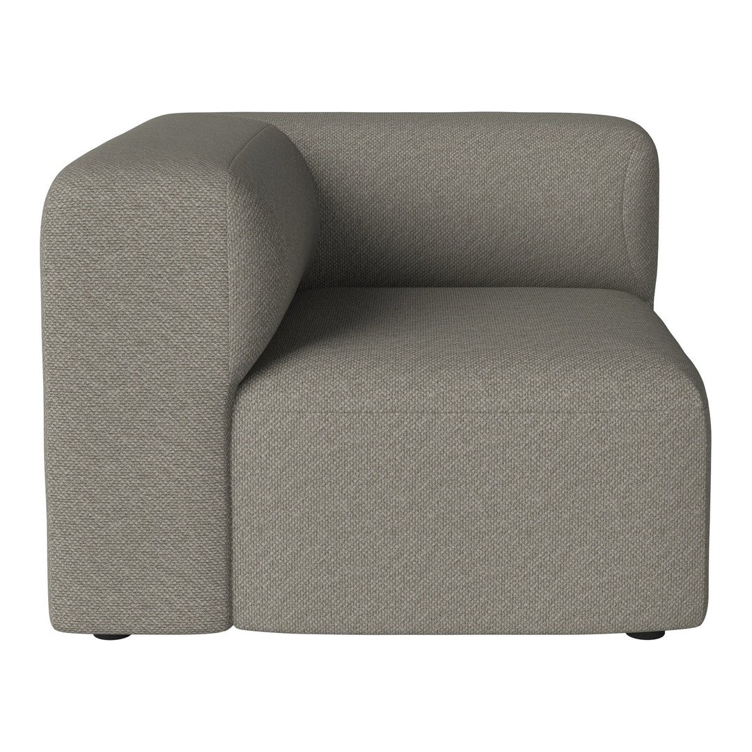 Corner sofa in soft grey fabric with a textured pattern, featuring a modern, minimalist design.