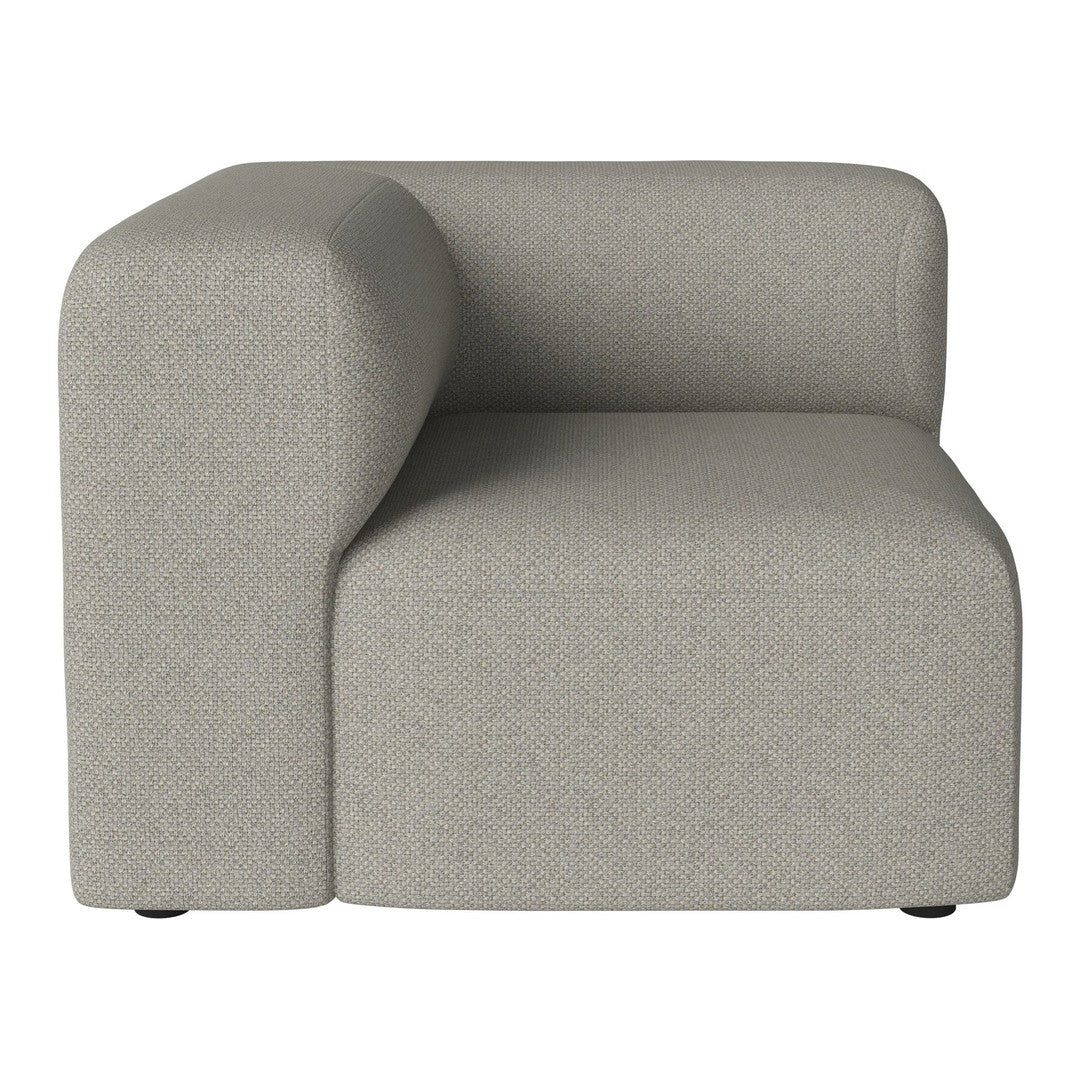 Light gray upholstered corner sofa with a modern, minimalistic design and smooth, textured fabric.