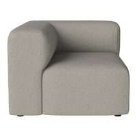Light gray upholstered corner sofa with a modern, minimalistic design and smooth, textured fabric.