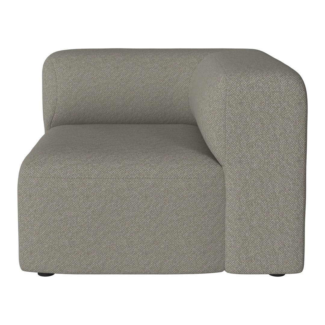 Light gray, textured fabric corner sofa section with a minimalist design and smooth, curved lines.