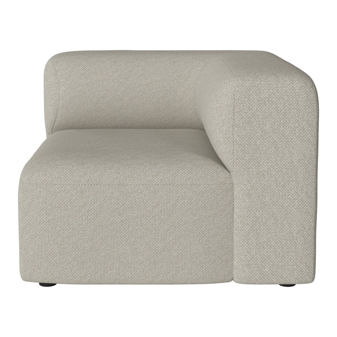 Beige L-shaped modular sofa with a textured fabric pattern, featuring a modern and minimalist design.