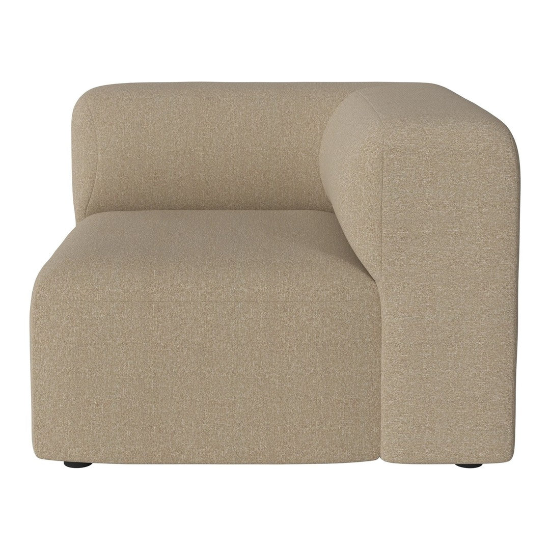 Beige textured fabric armchair with a modern, minimalist design and soft, rounded edges.