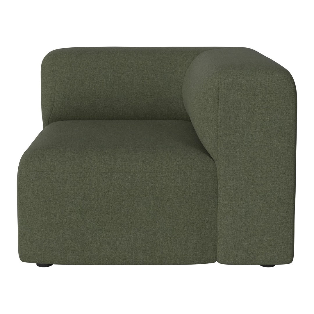 Olive green upholstered sofa with a contemporary, minimalist design. Smooth texture, no visible patterns.