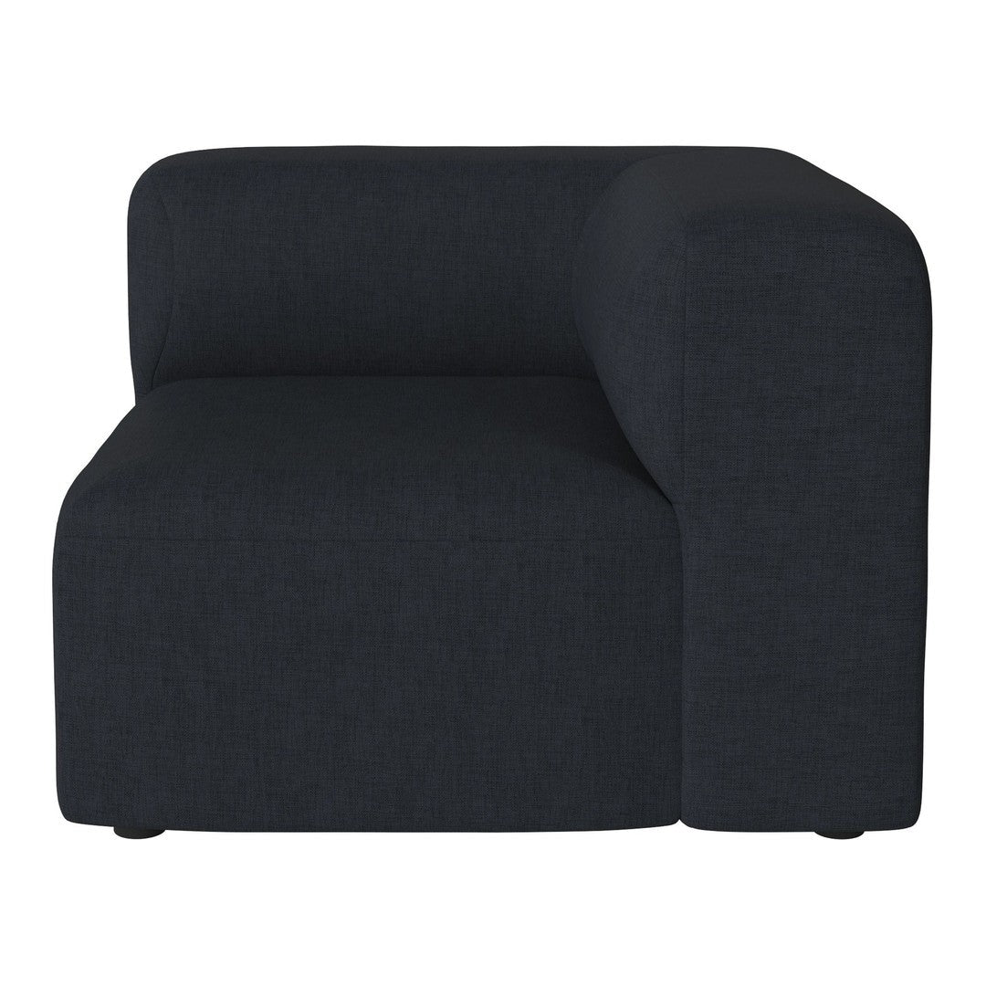 Black upholstered modular sofa with a minimalist design and smooth texture.