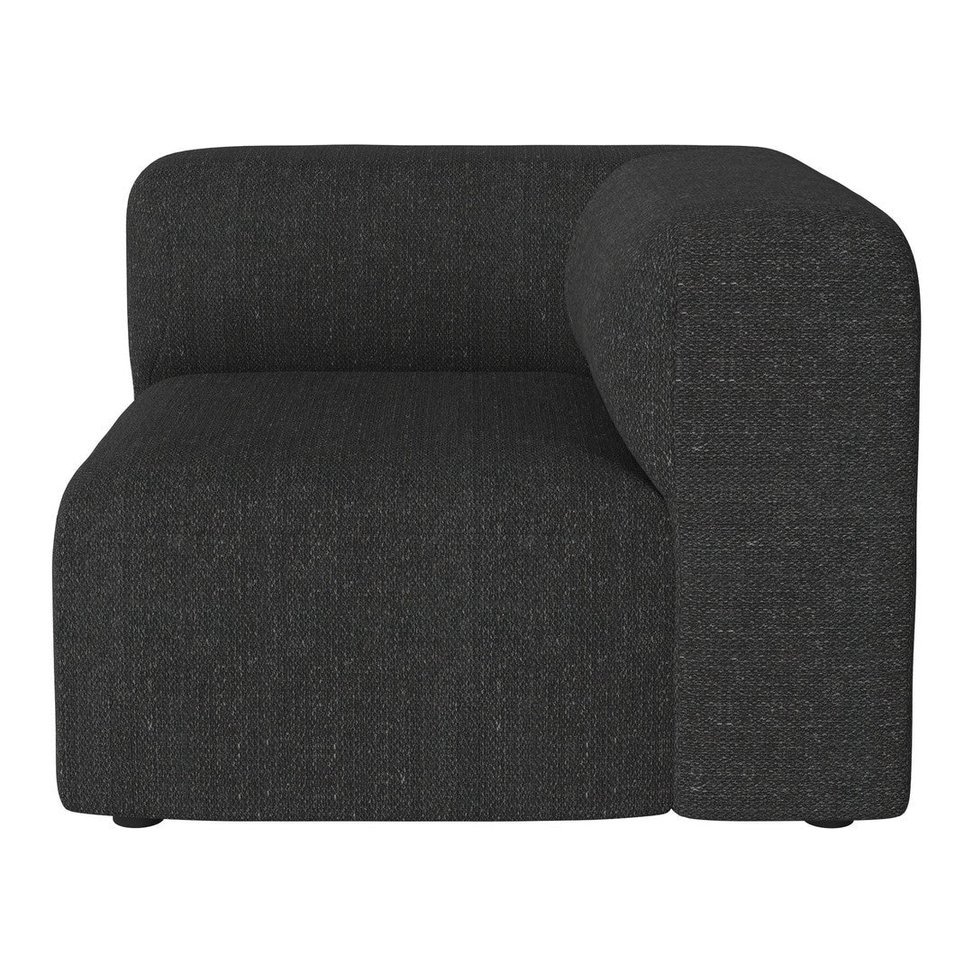 Dark gray upholstered corner sofa with a smooth, textured surface and contemporary design.