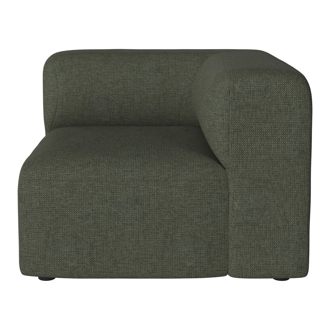 Green textured sofa with a modern, curved design and understated patterns for a stylish living space.