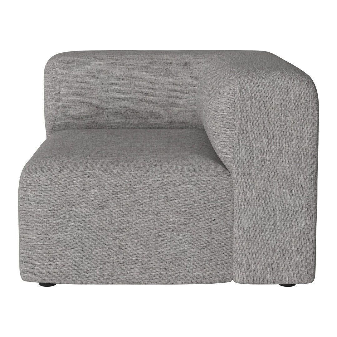 Light gray upholstered corner sofa with a smooth, minimalist design and subtle texture.