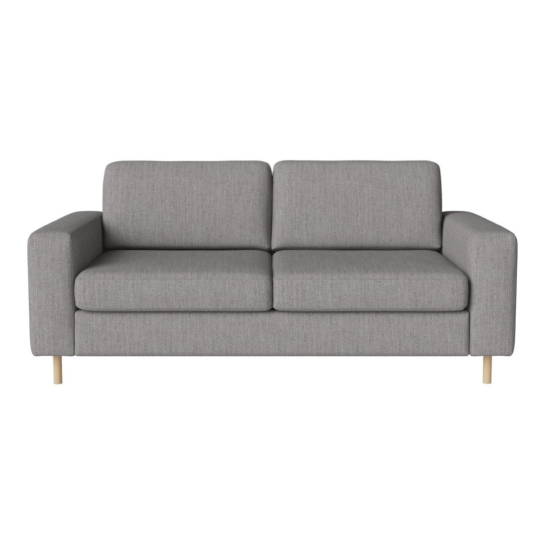 Gray fabric sofa with clean lines and a minimalist design, featuring light wood legs. Perfect for modern decor.