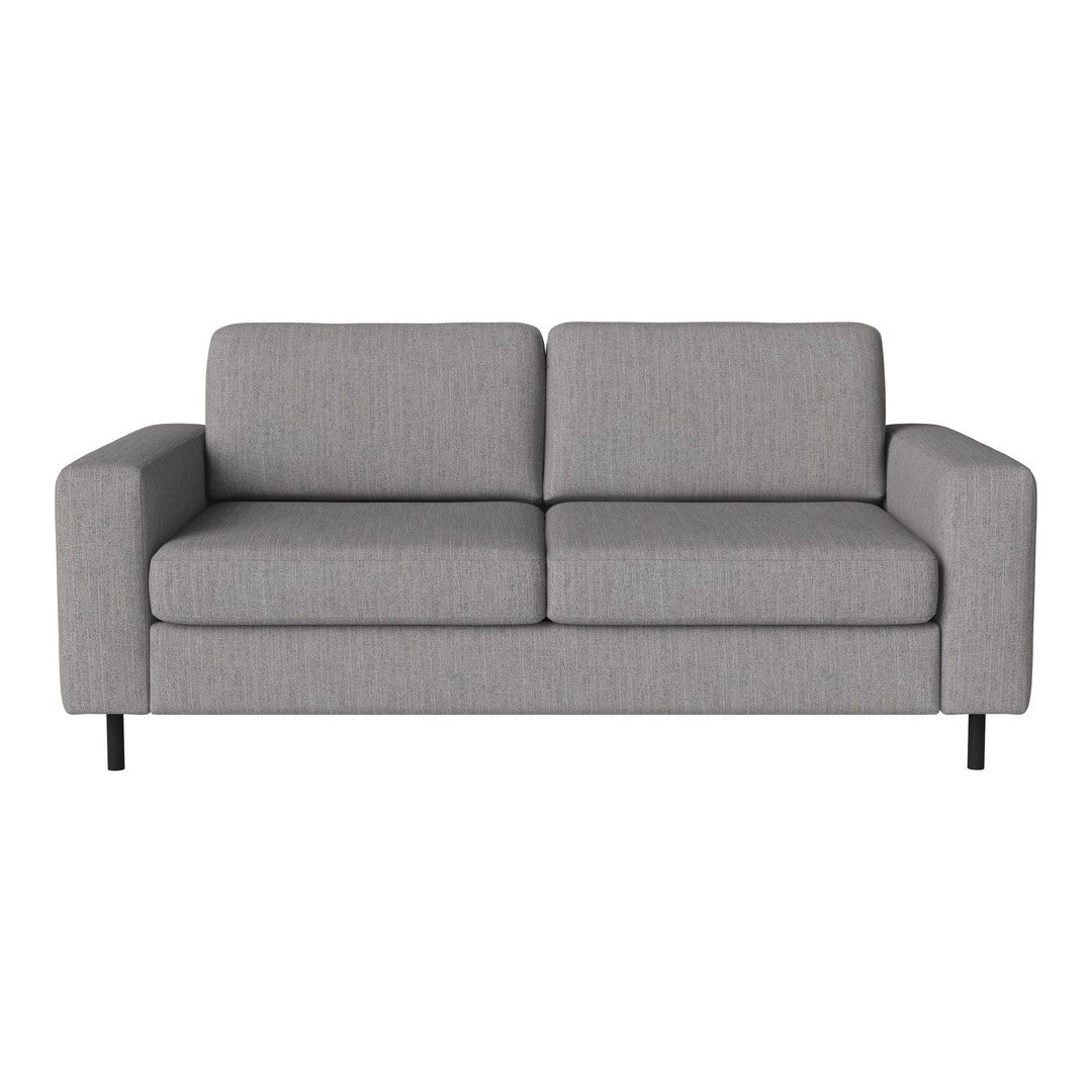 Gray upholstered sofa with a minimalist design, featuring a subtle textured pattern and sleek black metal legs.