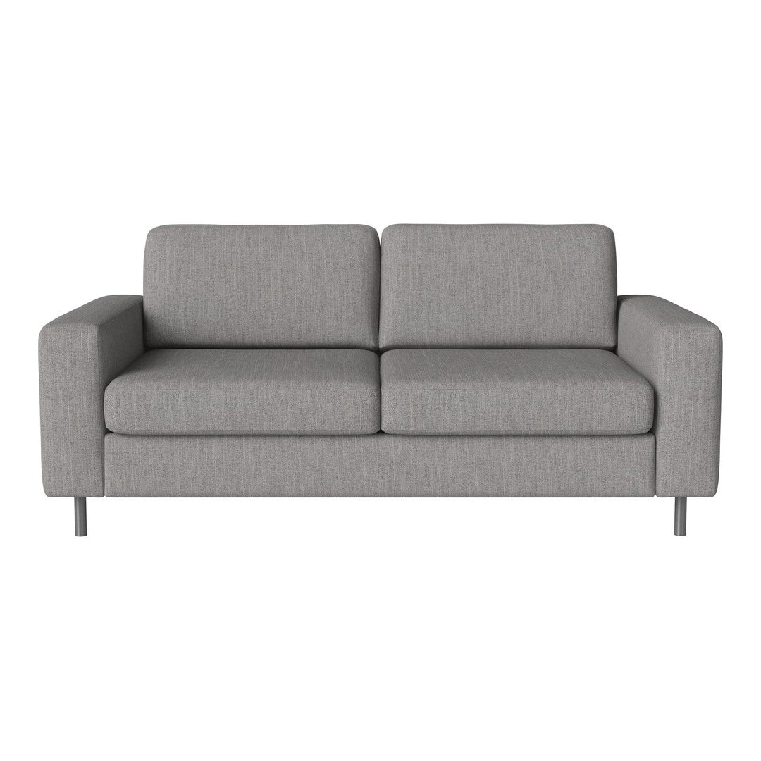 Gray fabric sofa with a modern, minimalist design and straight-line pattern, perfect for contemporary living spaces.