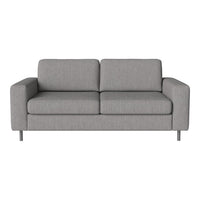 Gray fabric sofa with a modern, minimalist design and straight-line pattern, perfect for contemporary living spaces.