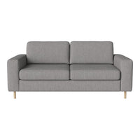 Gray upholstered sofa with a minimalist design and natural wood legs, featuring a smooth texture and simple lines.