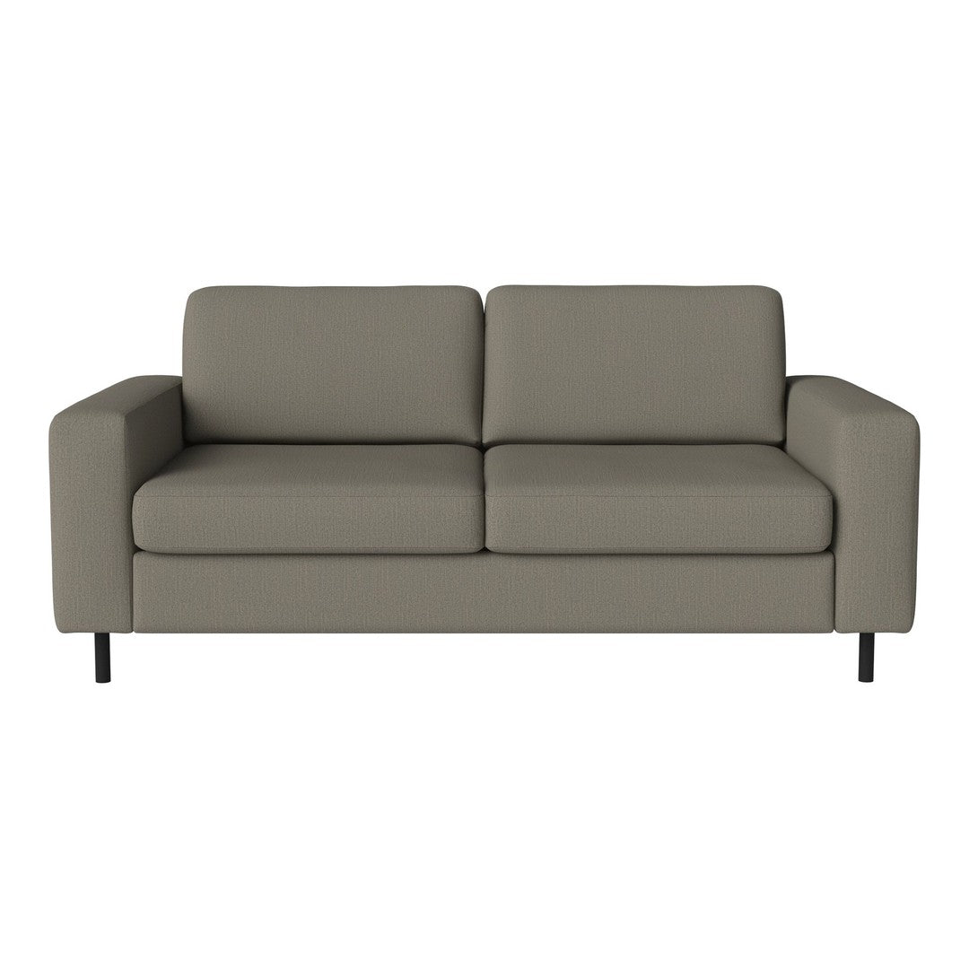 Stylish gray two-seater sofa with smooth upholstery and minimalist design, featuring clean lines and black legs.