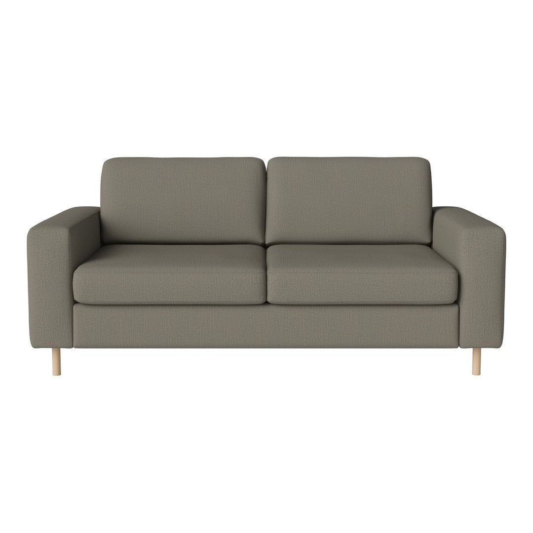 Gray two-seater sofa with clean lines and light wooden legs, perfect for modern living spaces.