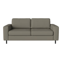 Stylish gray sofa with a smooth texture and minimalist design, featuring straight lines and sleek black legs.