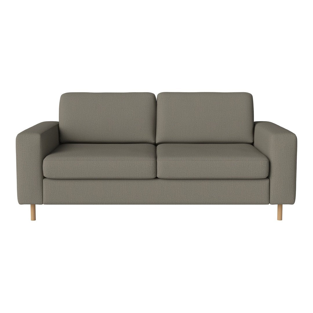 Gray two-seater sofa with a minimalist design and wooden legs, featuring a smooth, solid fabric upholstery.