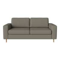 Gray two-seater sofa with a minimalist design and wooden legs, featuring a smooth, solid fabric upholstery.