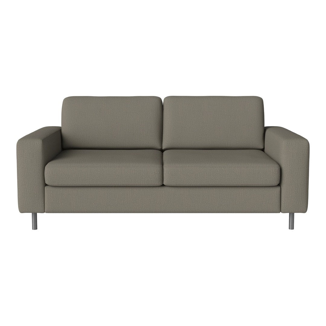 Gray leather loveseat with a minimalist design and smooth texture, featuring a modern style and clean lines.