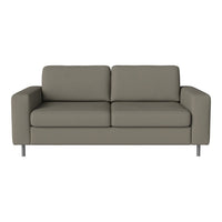 Gray leather loveseat with a minimalist design and smooth texture, featuring a modern style and clean lines.