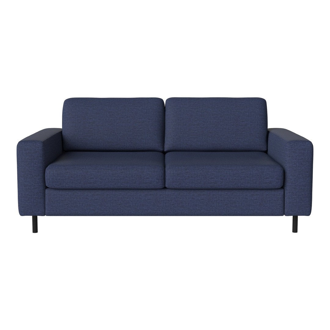 Navy blue fabric sofa with a smooth texture and minimalist design, featuring solid neutral-colored legs.
