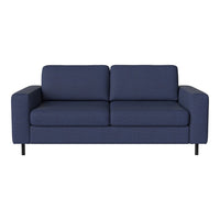Navy blue fabric sofa with a smooth texture and minimalist design, featuring solid neutral-colored legs.