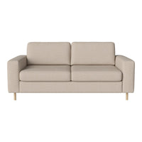 Beige two-seater sofa with a simple, modern design and light wooden legs. Ideal for contemporary living spaces.
