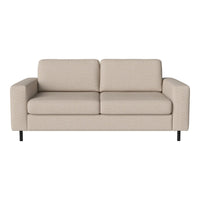 Beige upholstered sofa with a minimalist design, featuring smooth, textured fabric and sleek black legs.