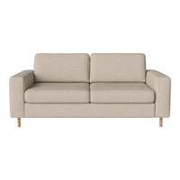 Beige upholstered sofa with a minimalist design and wooden legs, featuring a smooth, textured fabric.
