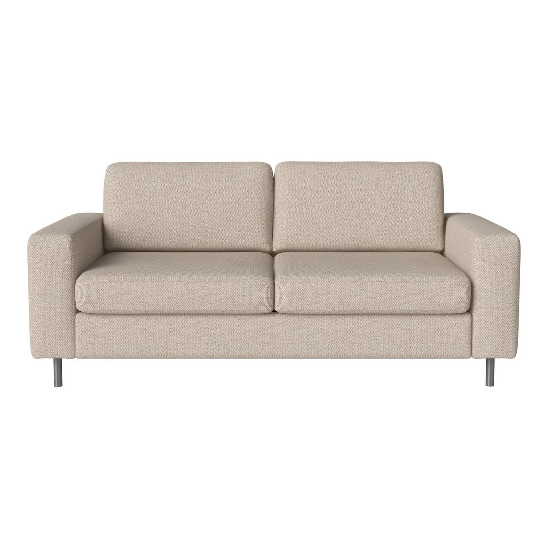 Light beige fabric sofa with a minimalist design and silver metal legs, perfect for modern interiors.