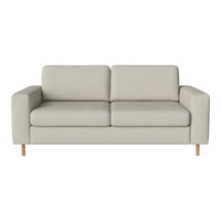 Light beige two-seater sofa with minimalist design and smooth fabric upholstery, featuring simple wooden legs.