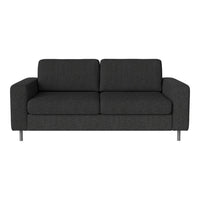 Modern dark gray sofa with a sleek fabric texture and minimalist design, complemented by silver metal legs.