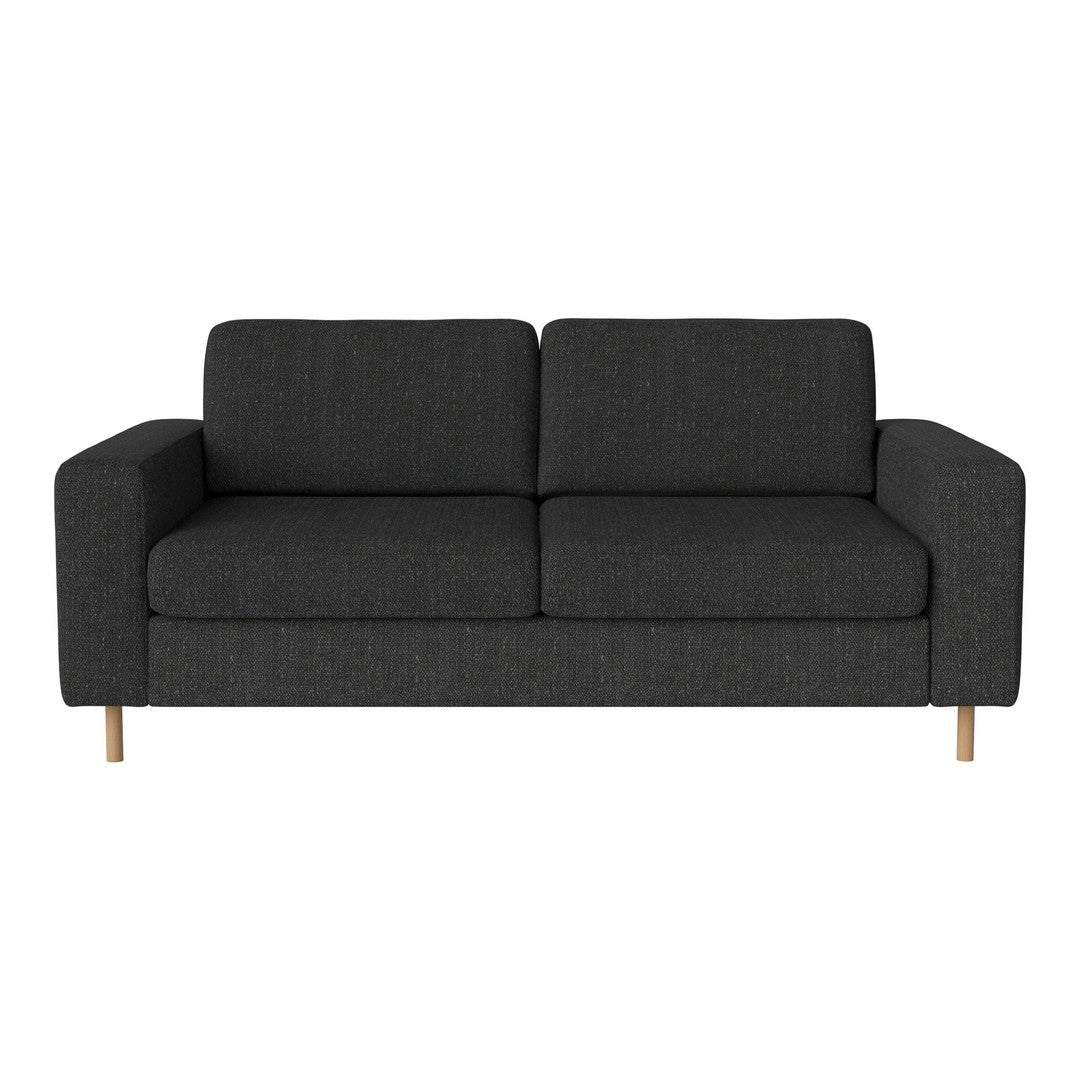 Dark gray fabric sofa with clean lines and light wooden legs, perfect for modern living spaces.
