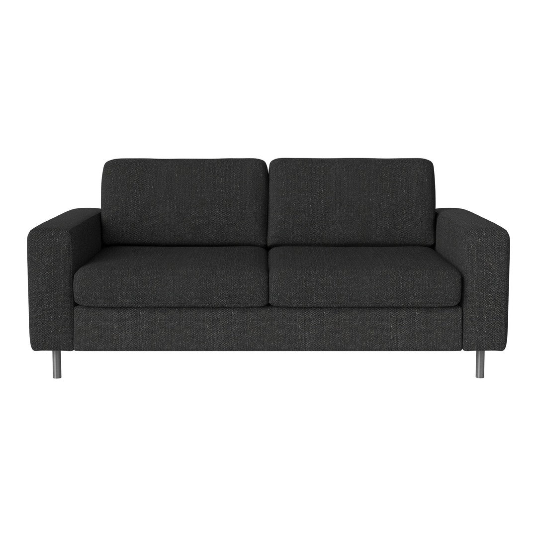 Dark grey fabric sofa with a sleek, modern design and square armrests, featuring a textured pattern.