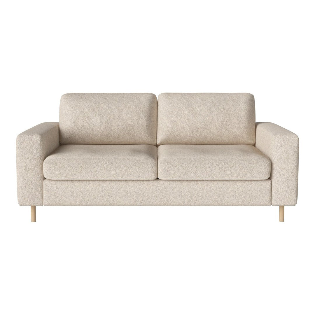 Beige two-seater sofa with a smooth texture and minimalist design, featuring light wooden legs.