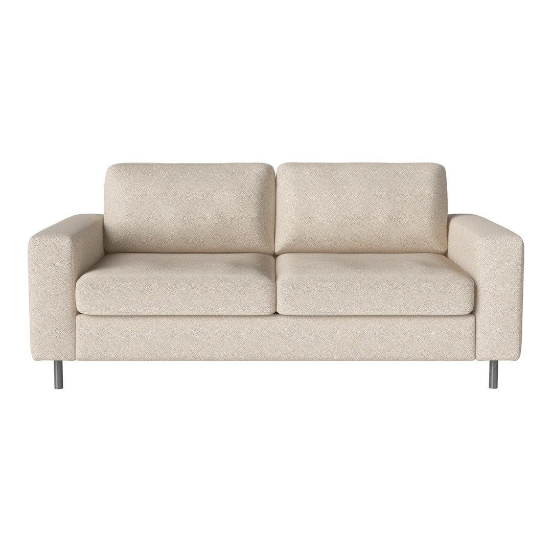 Light beige fabric sofa with a smooth, minimalist design and silver legs, perfect for modern interiors.