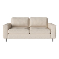 Light beige fabric sofa with a smooth, minimalist design and silver legs, perfect for modern interiors.