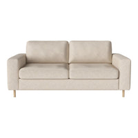 Beige fabric couch with a simple, modern design and light wood legs, perfect for minimalist decor.