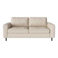 Beige upholstered sofa with a modern design and smooth fabric, featuring clean lines and black metal legs.