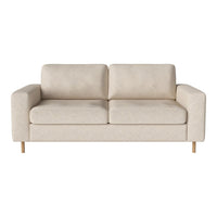 Beige two-seater sofa with a subtle textured pattern and light wooden legs, perfect for modern interiors.