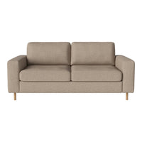 Beige upholstered sofa with clean lines and minimalist design, featuring soft fabric and natural wood legs.