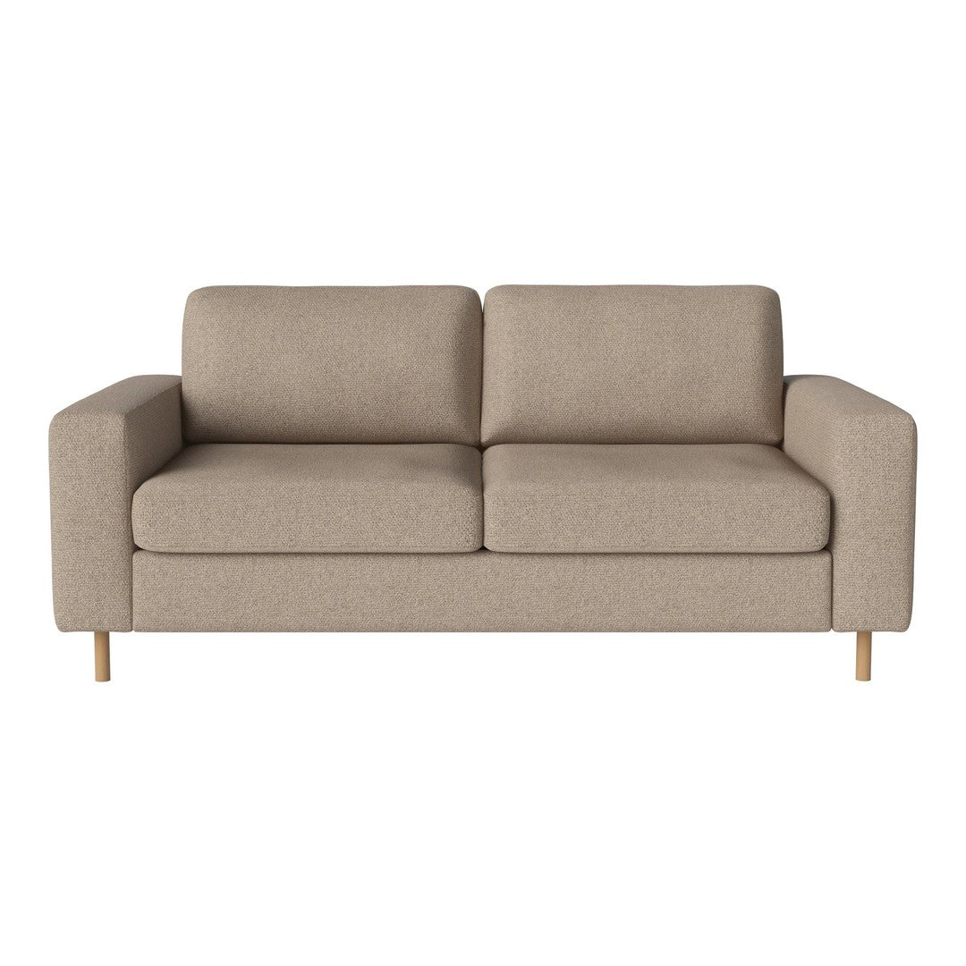 Beige upholstered sofa with a minimalist design and wooden legs, featuring a smooth texture and subtle fabric grain.